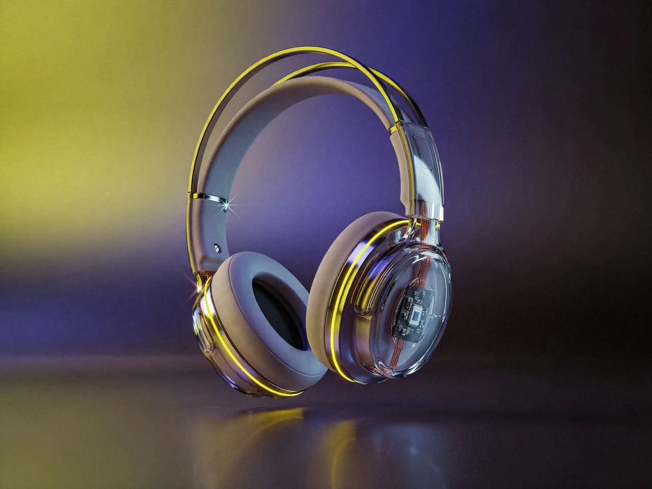 Input image: futuristic over-ear headphones with transparent ear cups and glowing yellow accents